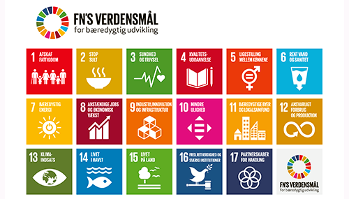 FN's 19 verdensmål sat op som grafik, med illustration og kort tekst til hvert af målene.